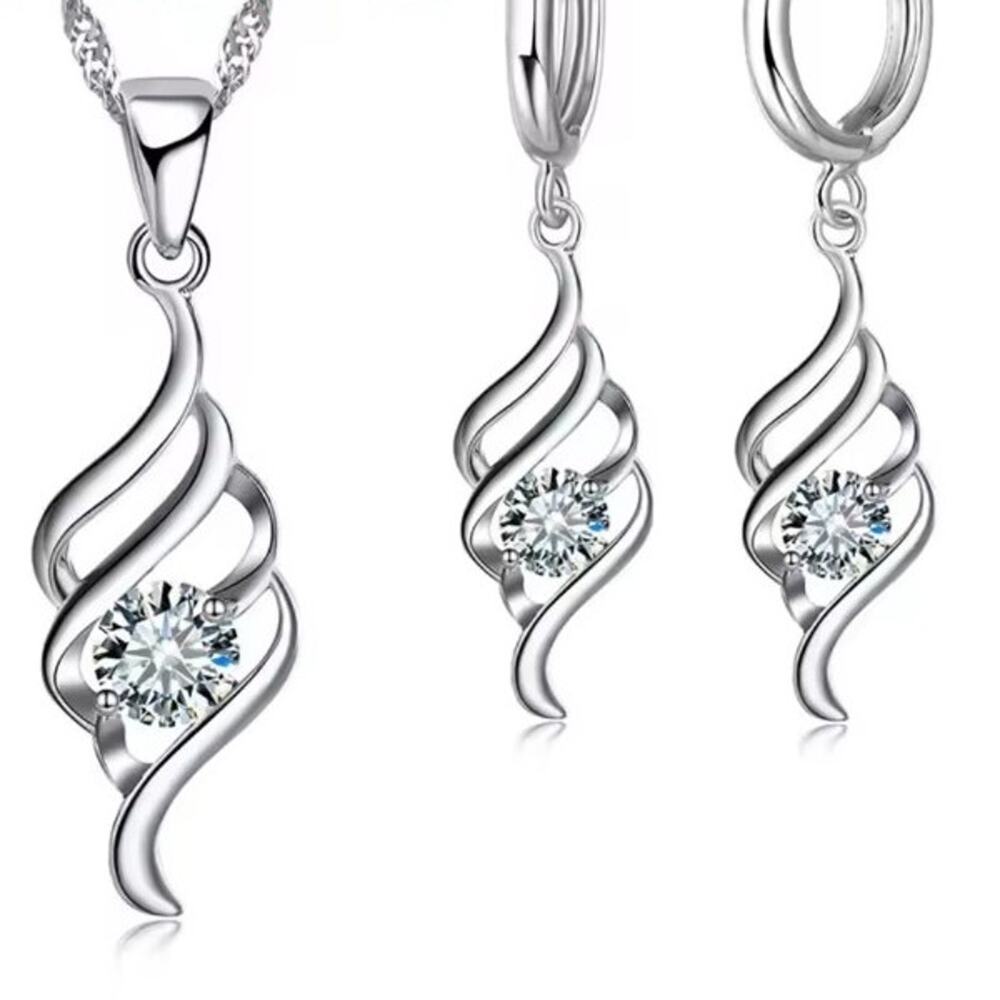 Sterling Silver Plated CZ Swirl Pendant Necklace & Drop Hoop Earrings Set